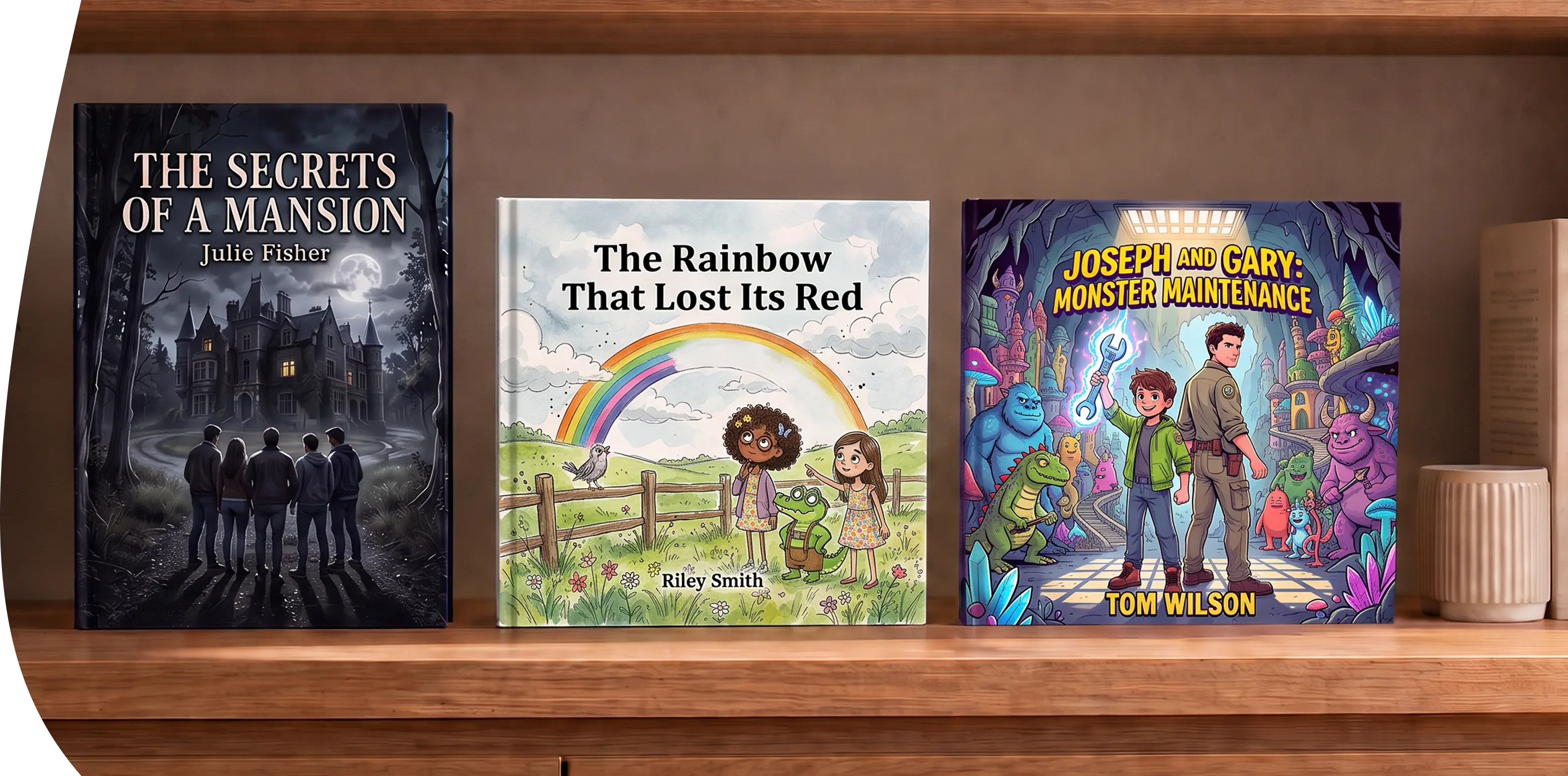 Three self-published books displayed on a wooden bookshelf