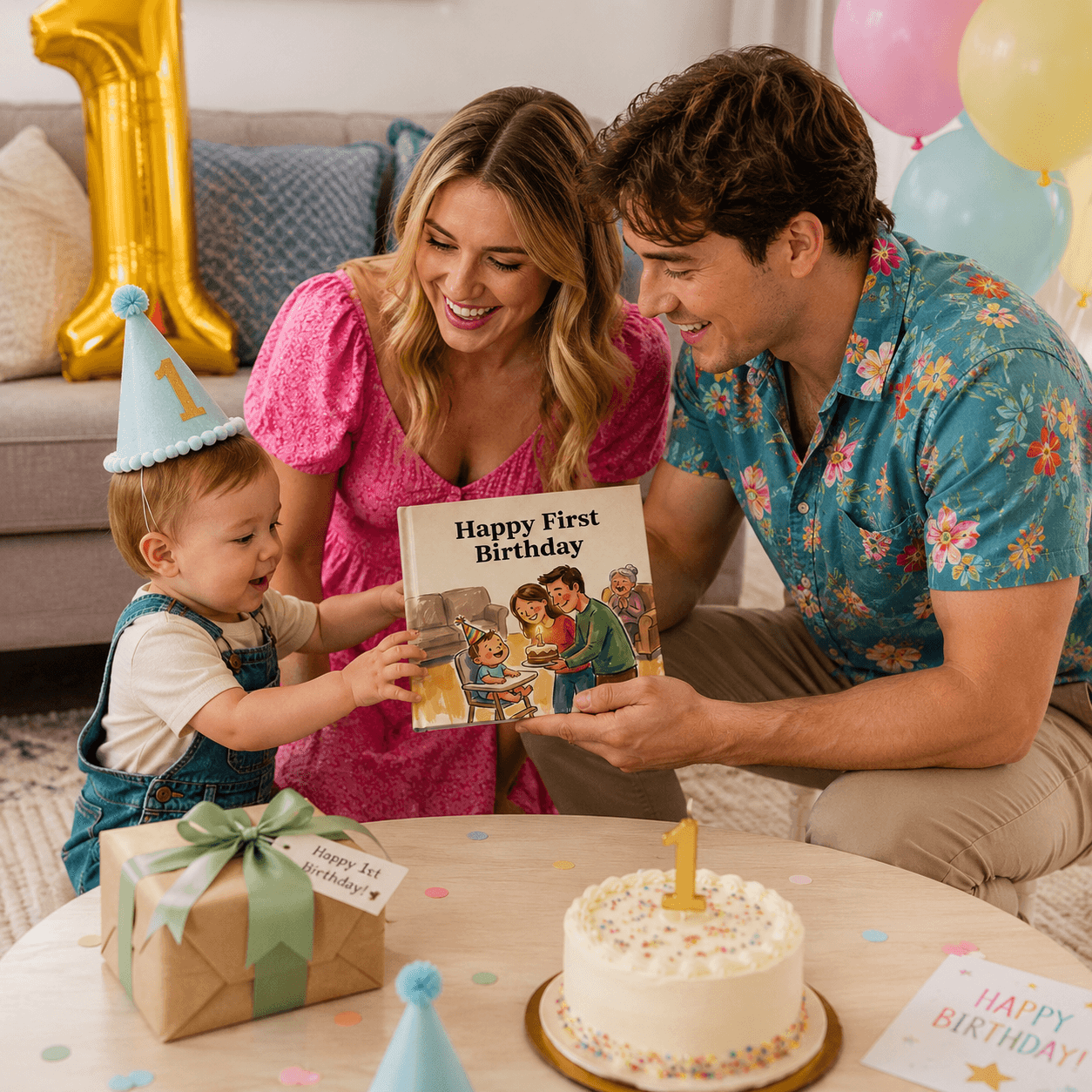 Family celebrating a first birthday with a personalized book