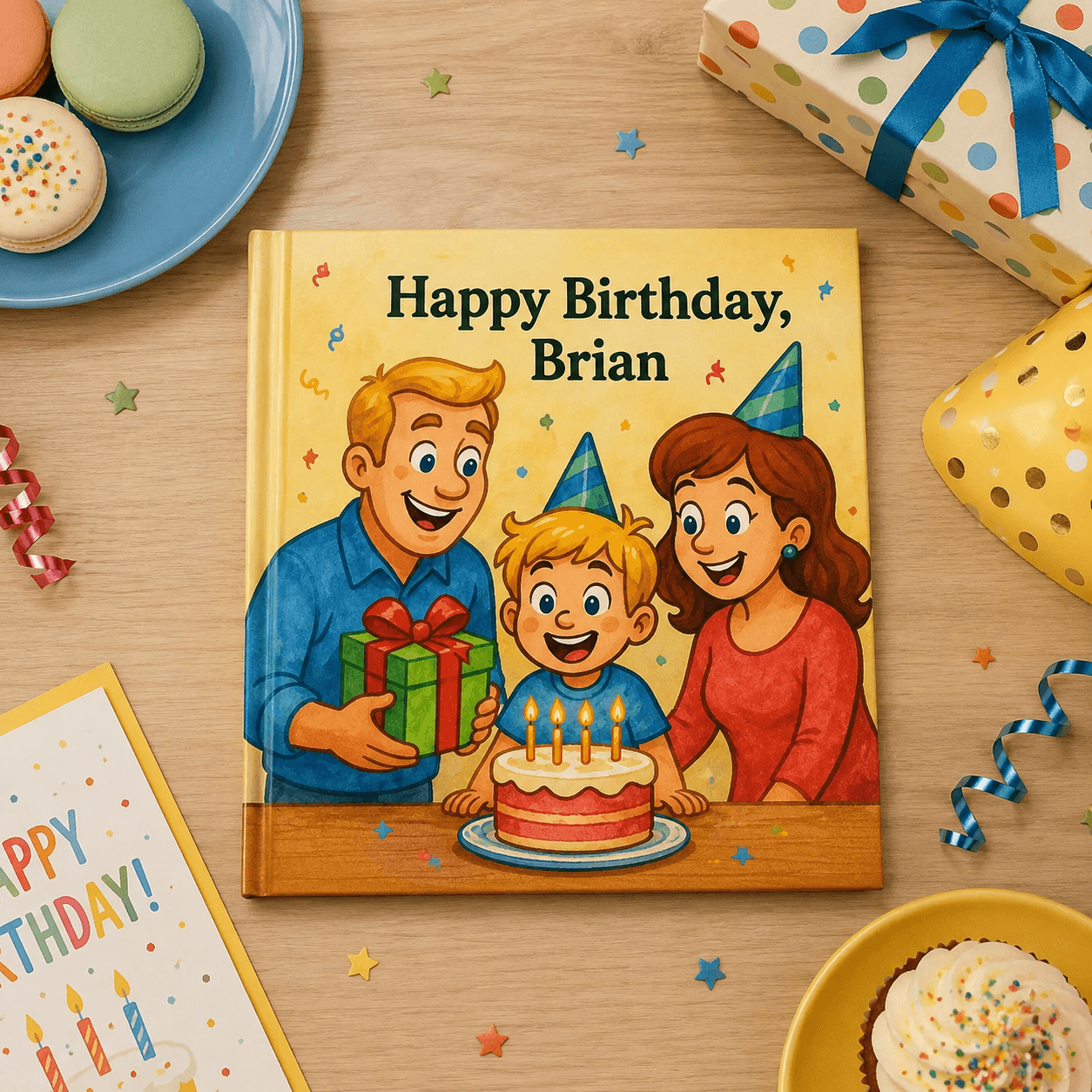 Personalized birthday book displayed on a decorated table