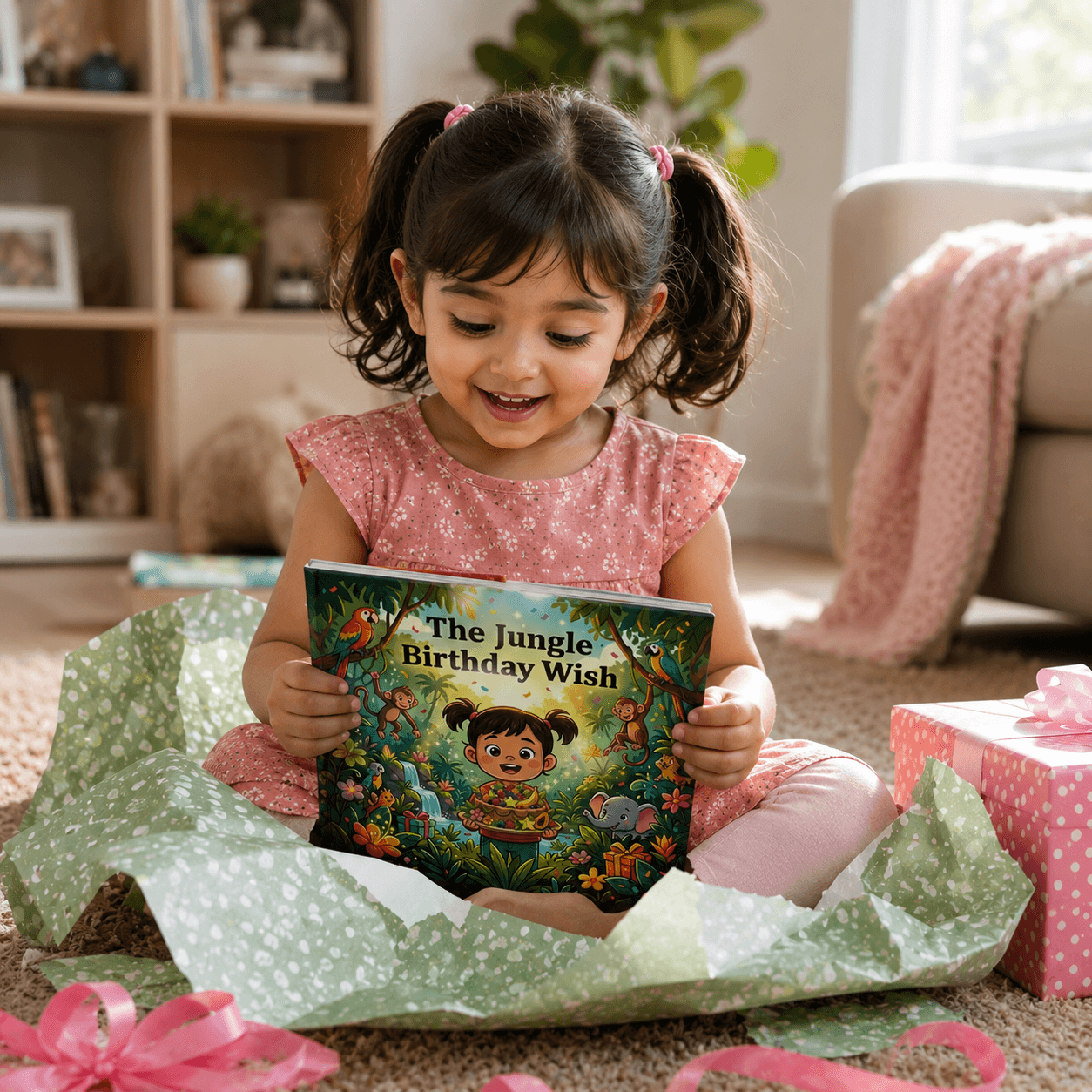 Young child reading a personalized birthday storybook