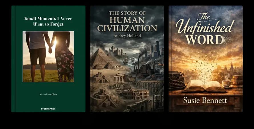 Three finished book covers showing memoir, history, and fiction designs created with Book Creator