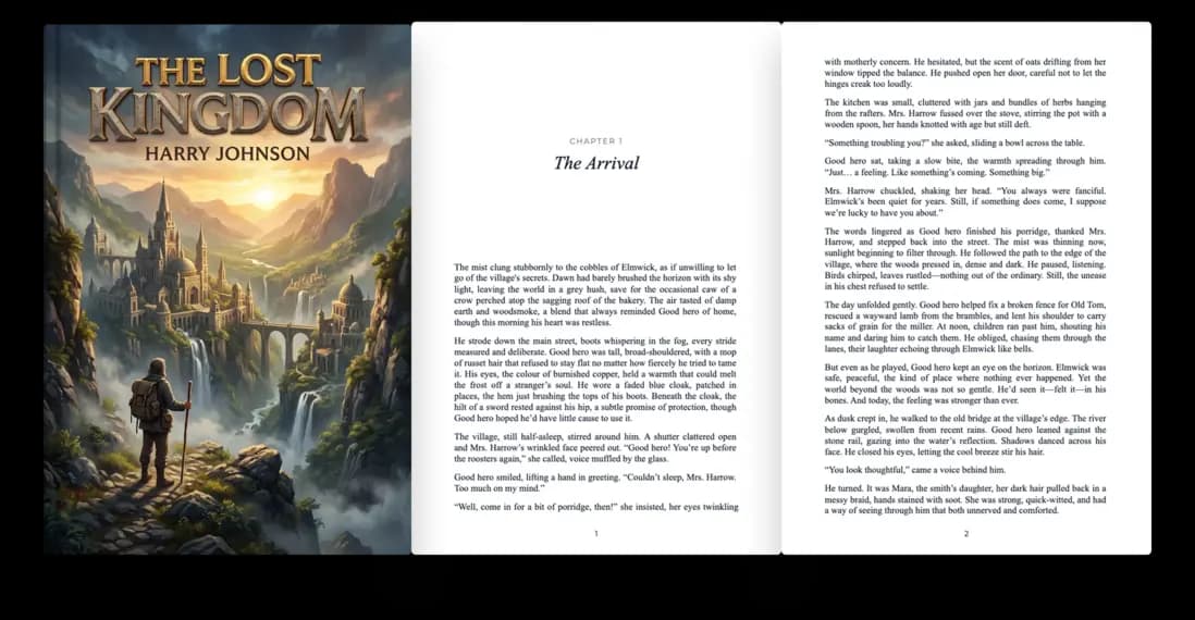 The Lost Kingdom fantasy book cover beside its professionally formatted opening chapter pages