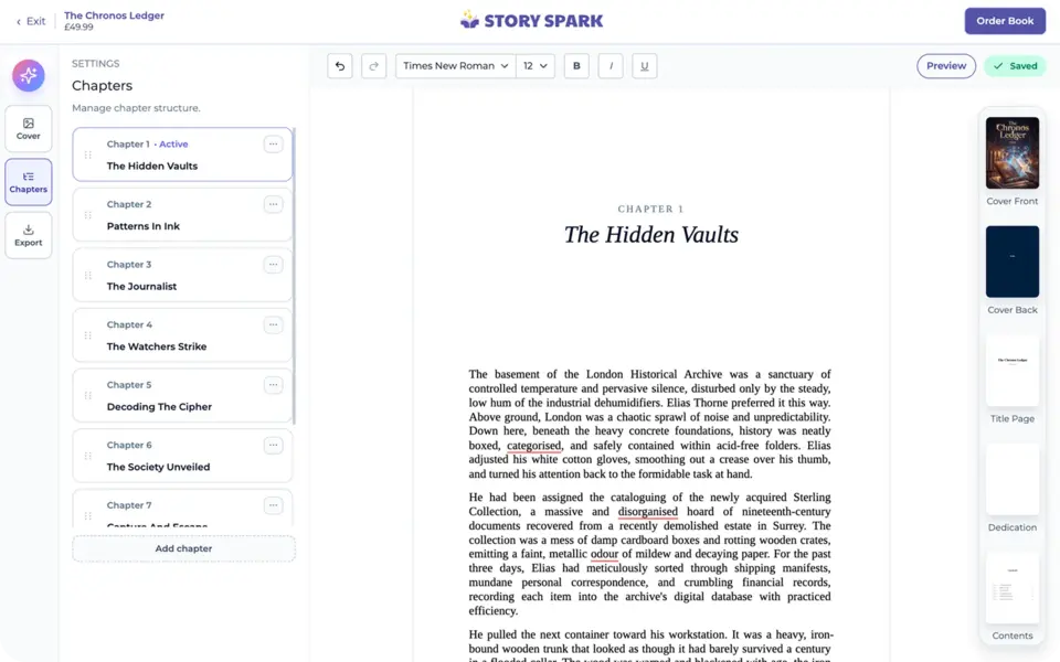 Book Editor showing a draggable chapter list and the formatted chapter The Hidden Vaults