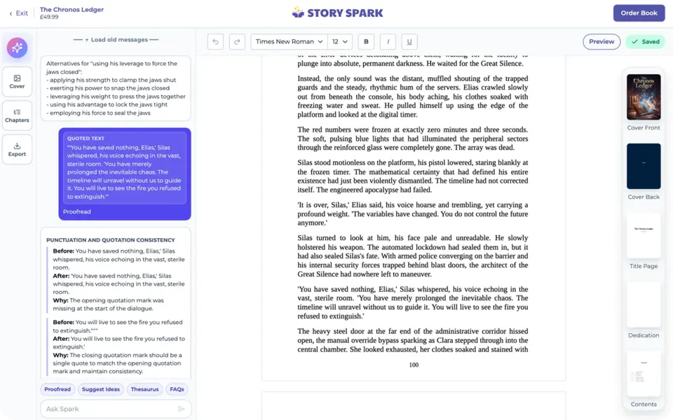 Spark Writing Assistant proofreading dialogue and suggesting alternative wording beside a manuscript page