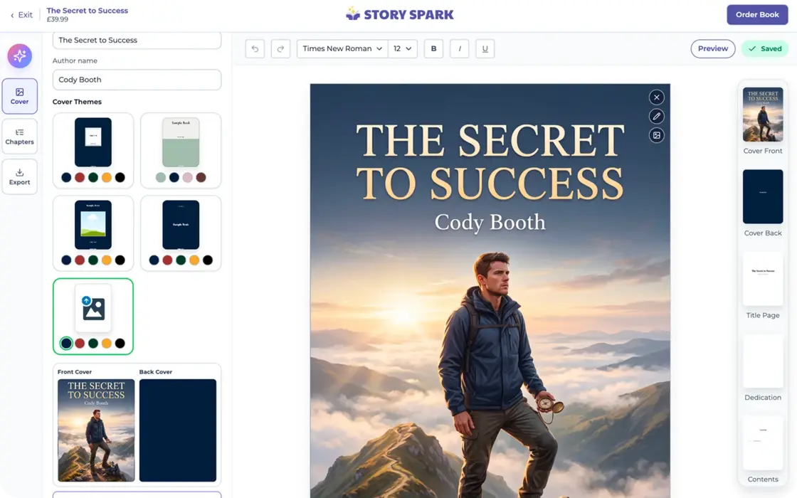 Cover editor showing templates, colour choices, and an uploaded image on The Secret to Success cover