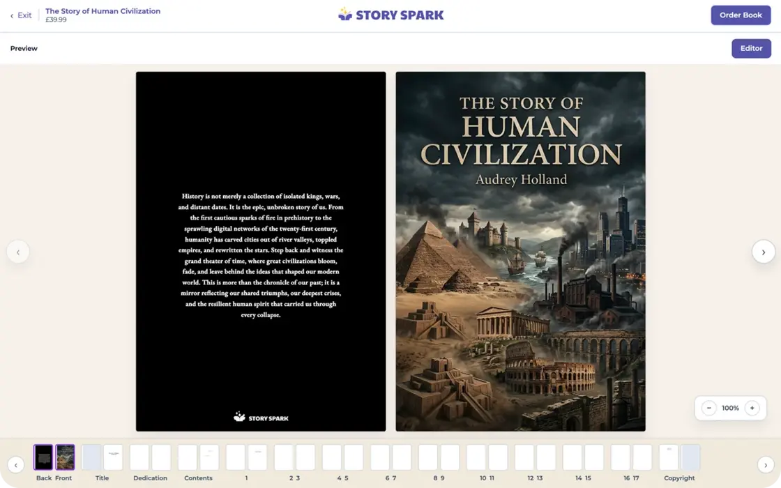 Full-book preview showing the back and front covers of The Story of Human Civilization with page thumbnails