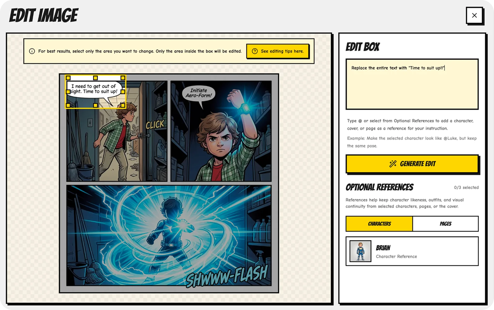 Comic image editor with a selected speech bubble, an editing prompt, a character reference, and a generated superhero page.