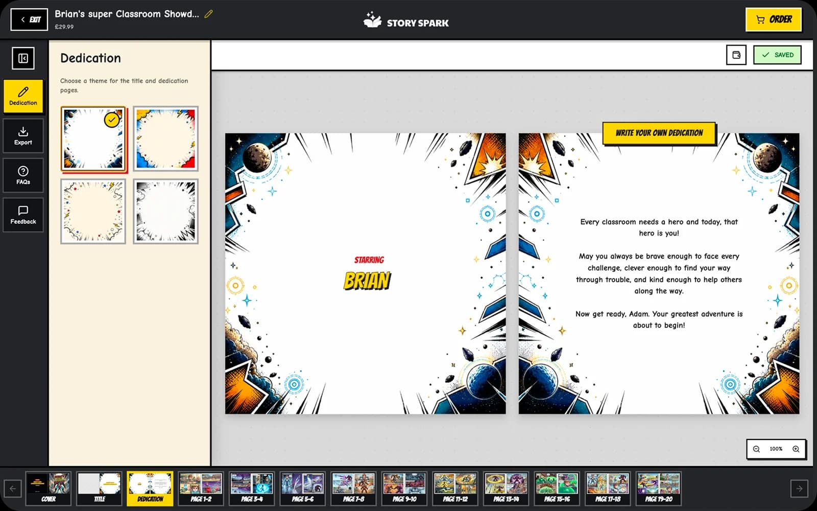 Comic book dedication editor with four template designs and a personalized message across the title and dedication pages.