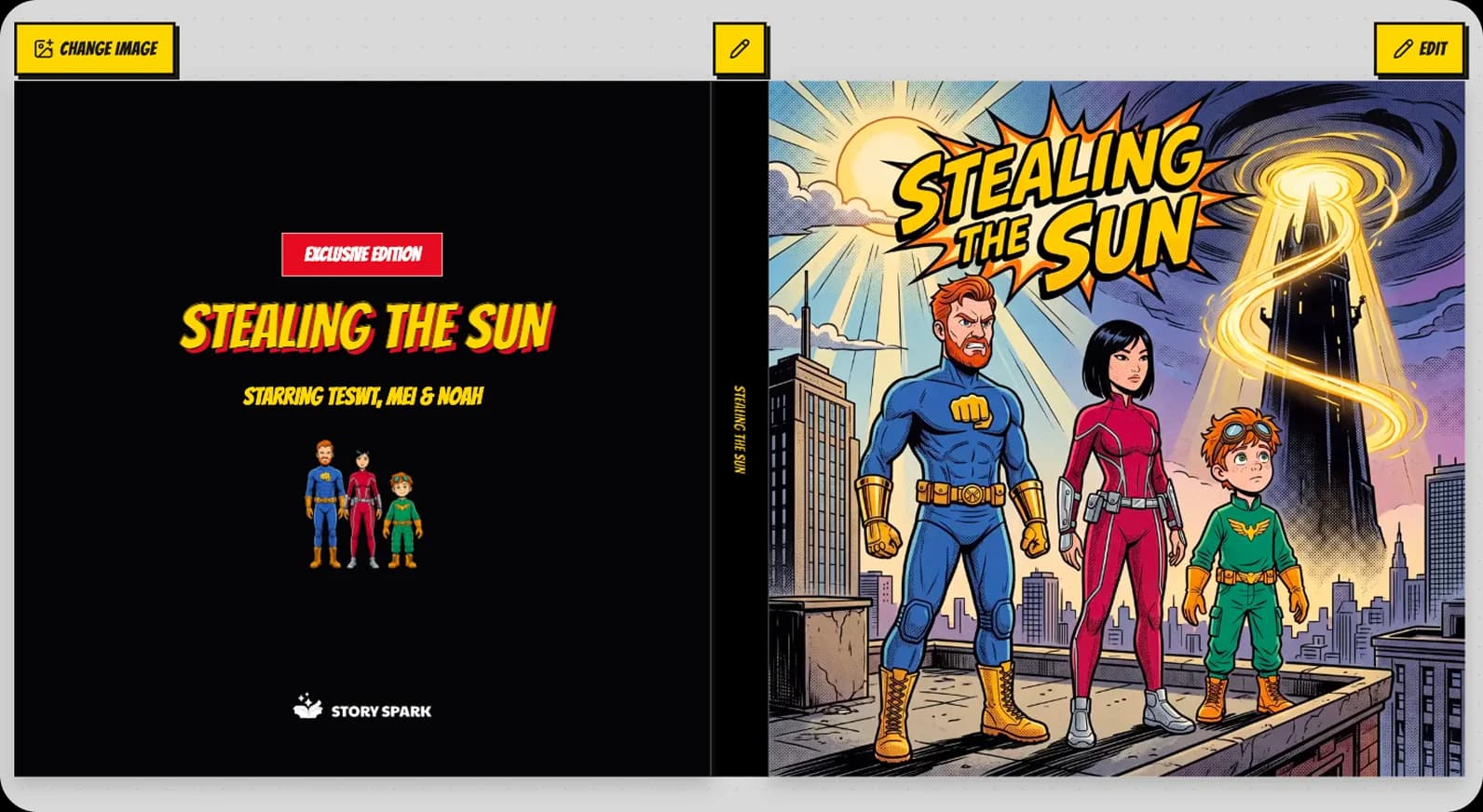 Comic cover editor showing the front and back of Stealing the Sun, personalized with three illustrated heroes.