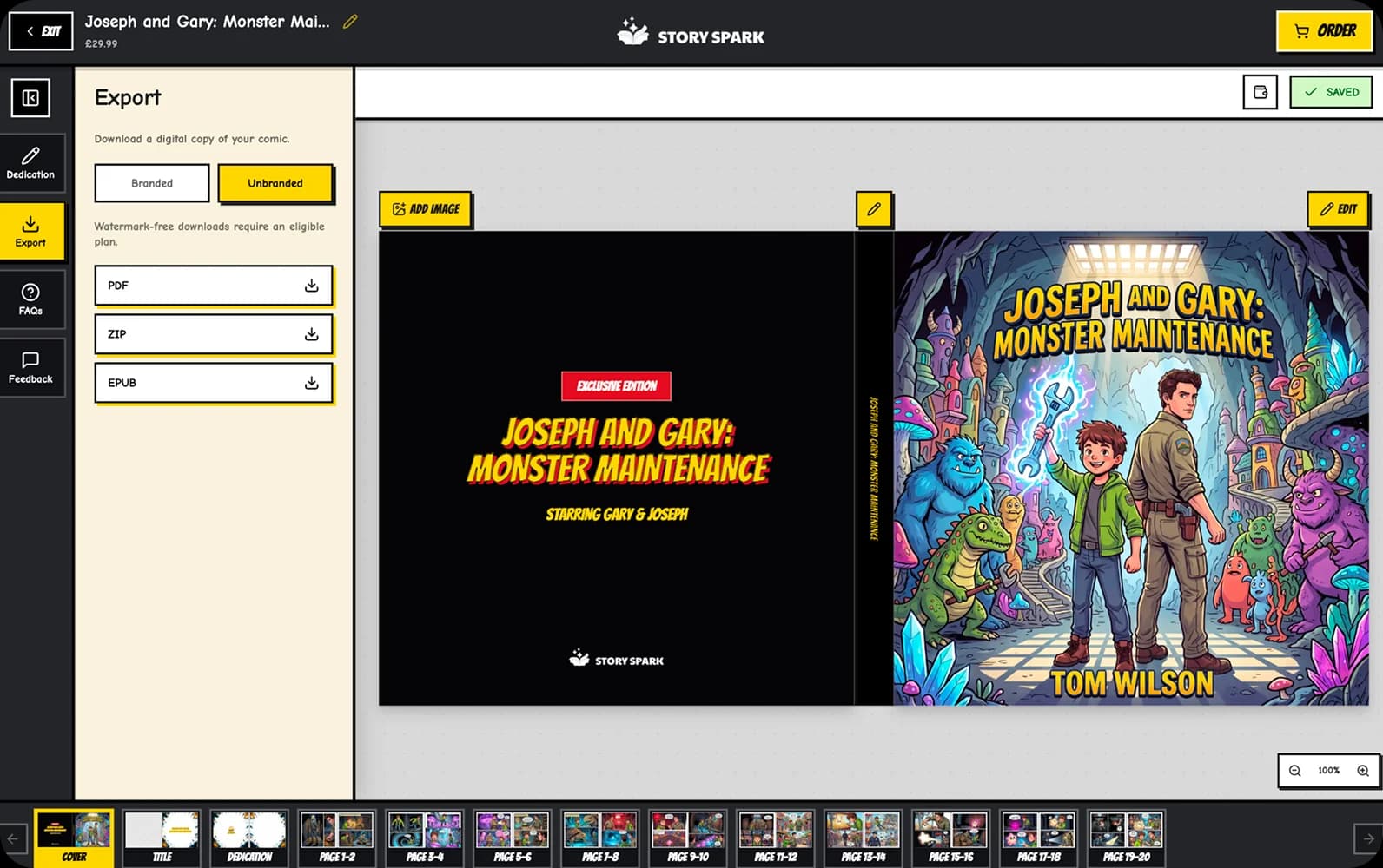 Comic editor export screen showing the Monster Maintenance cover and download options for PDF, ZIP, and ePub.