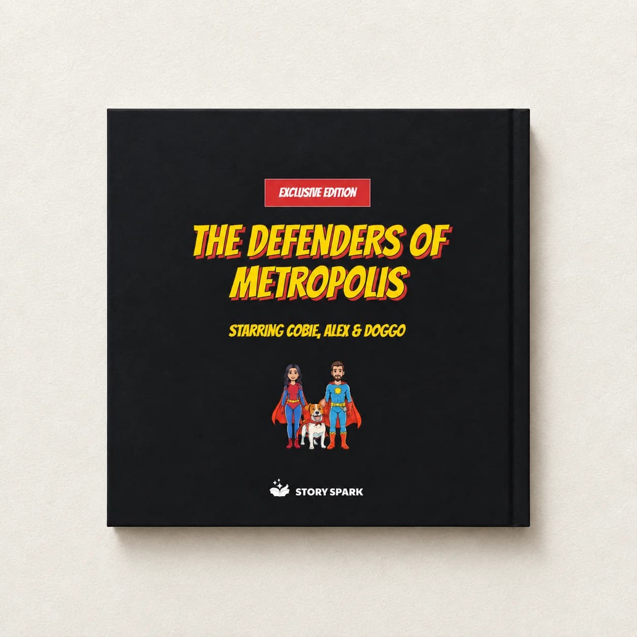 Black hardcover comic titled The Defenders of Metropolis, starring an illustrated woman, man, and dog as superheroes.