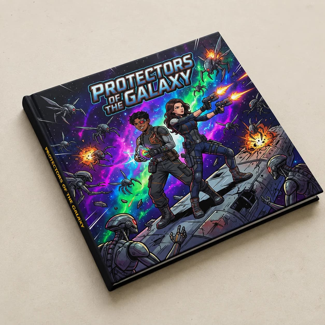 Protectors of the Galaxy hardcover comic, with two space heroes battling a swarm of robots among the stars.