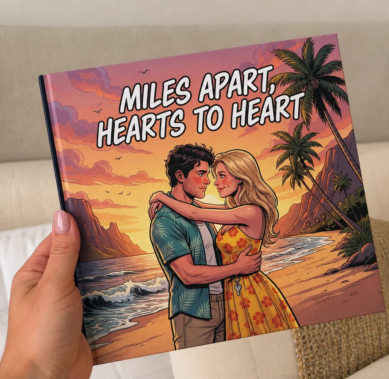 Hand holding the personalized romance comic Miles Apart, Hearts to Heart, featuring a couple embracing on a tropical beach at sunset.