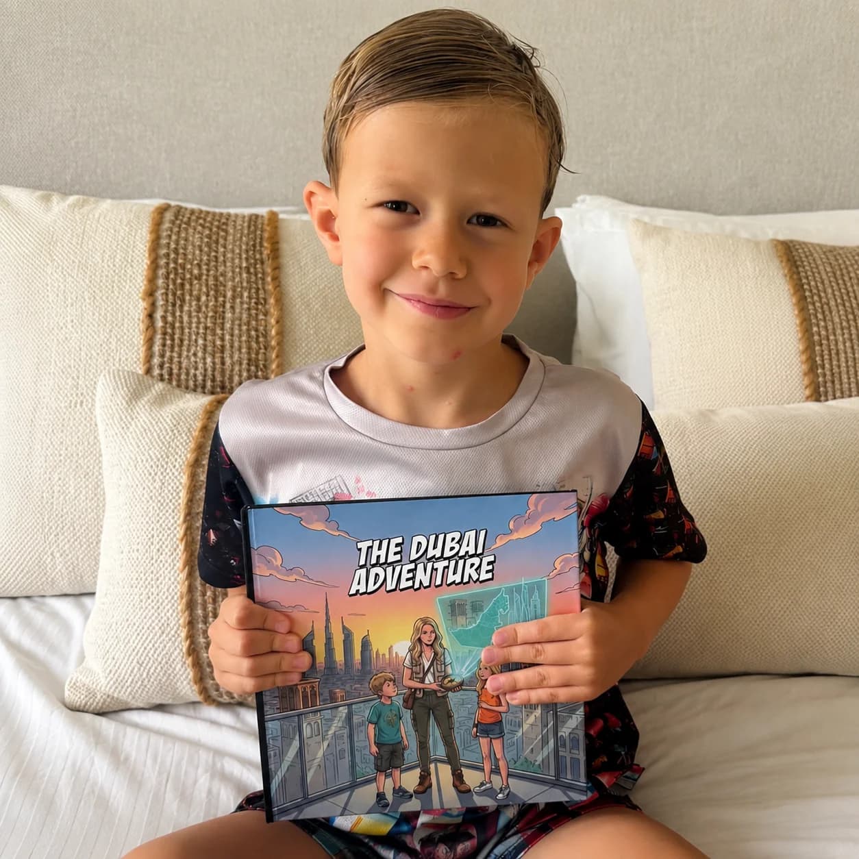 Smiling boy holding The Dubai Adventure personalized hardcover, with three family characters illustrated on the cover.