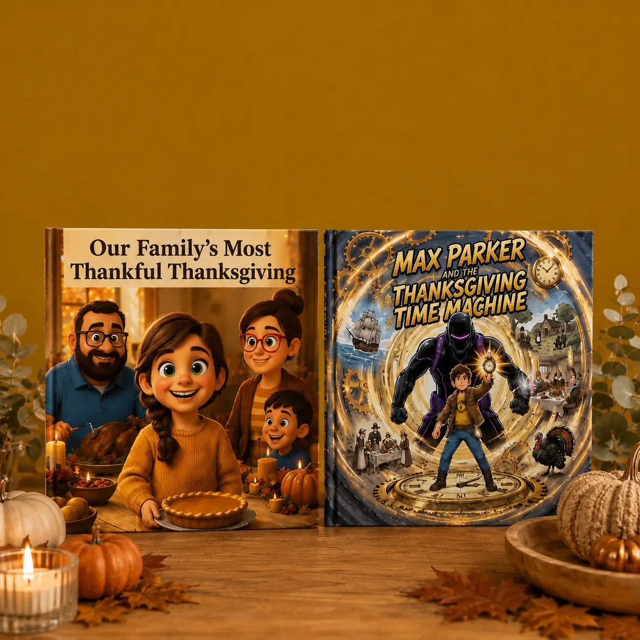Create personalized Thanksgiving and fall-themed family storybooks and comic books in hardcover