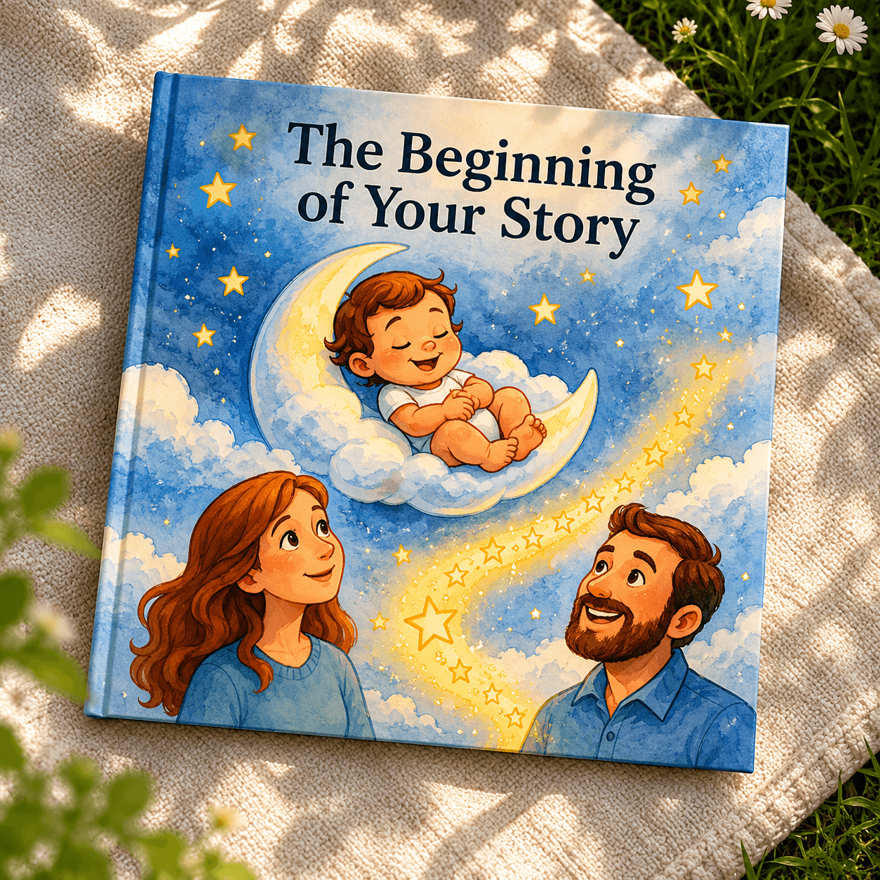 Personalized newborn storybook displayed as a premium hardcover gift