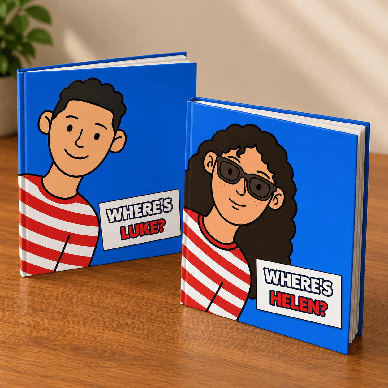 Two personalized search-and-find books standing together