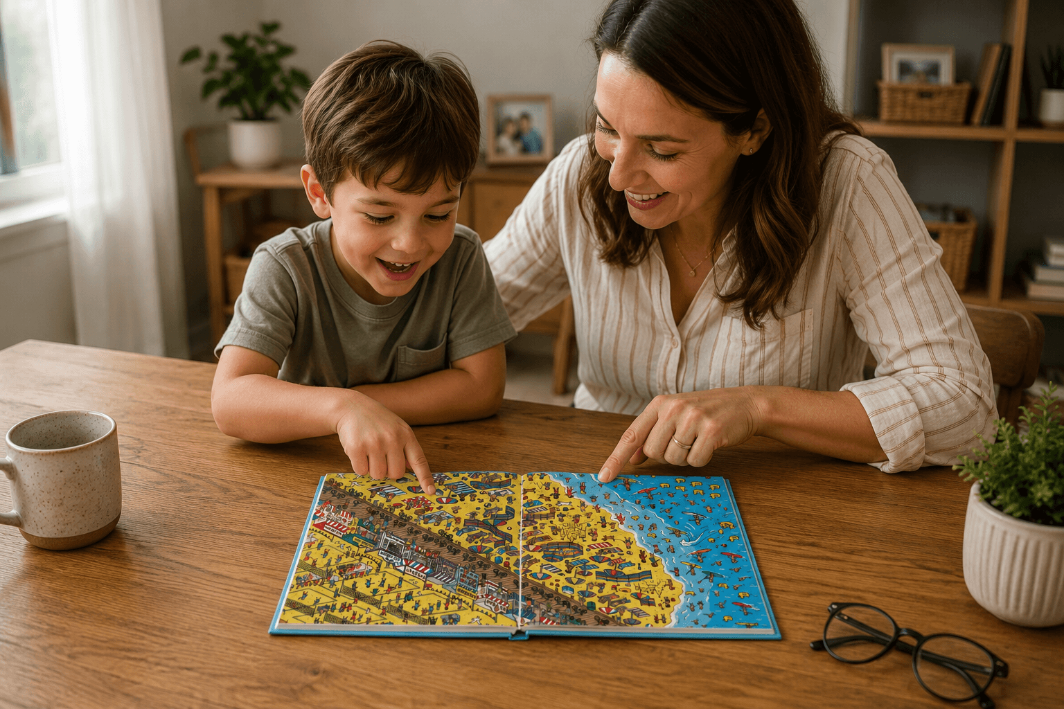 Child and parent enjoying a colorful search-and-find book together