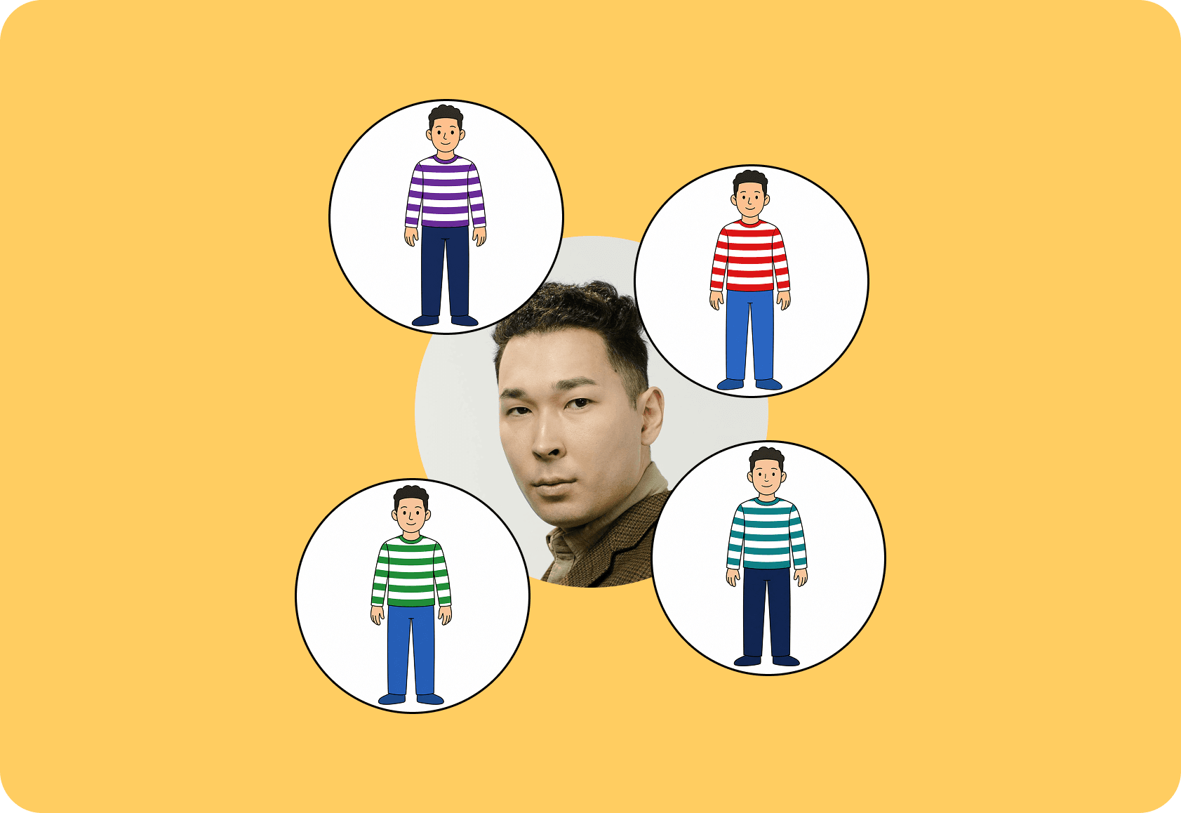 Uploaded portrait surrounded by four illustrated costume options