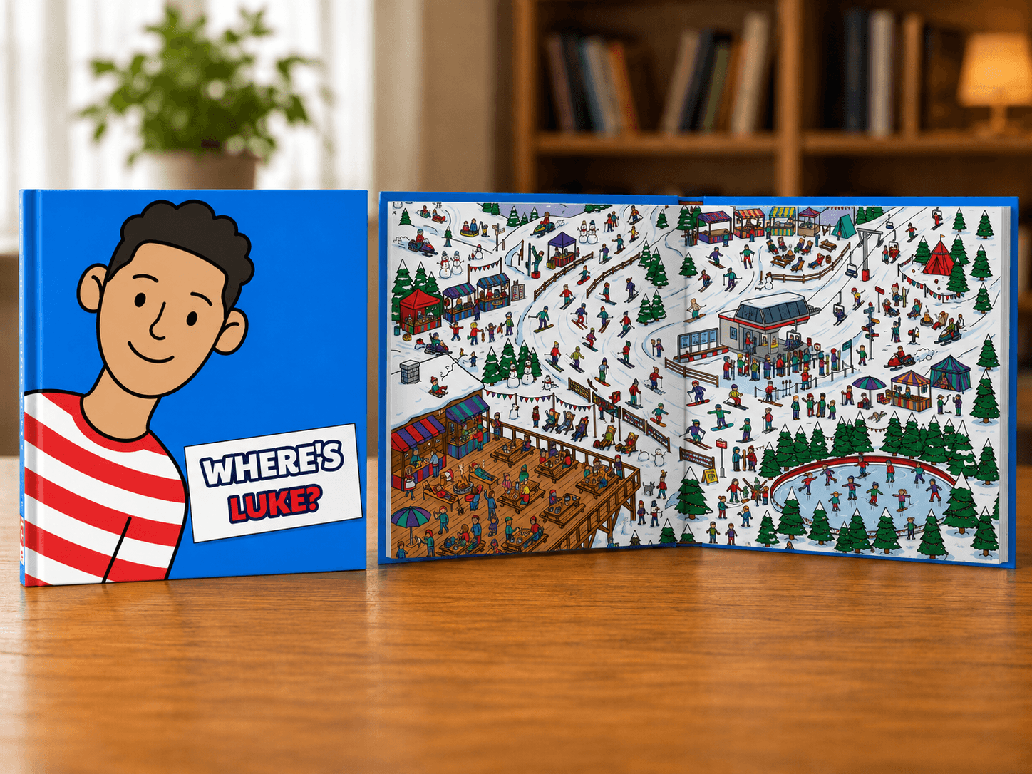 Personalized search-and-find book with illustrated interior spread
