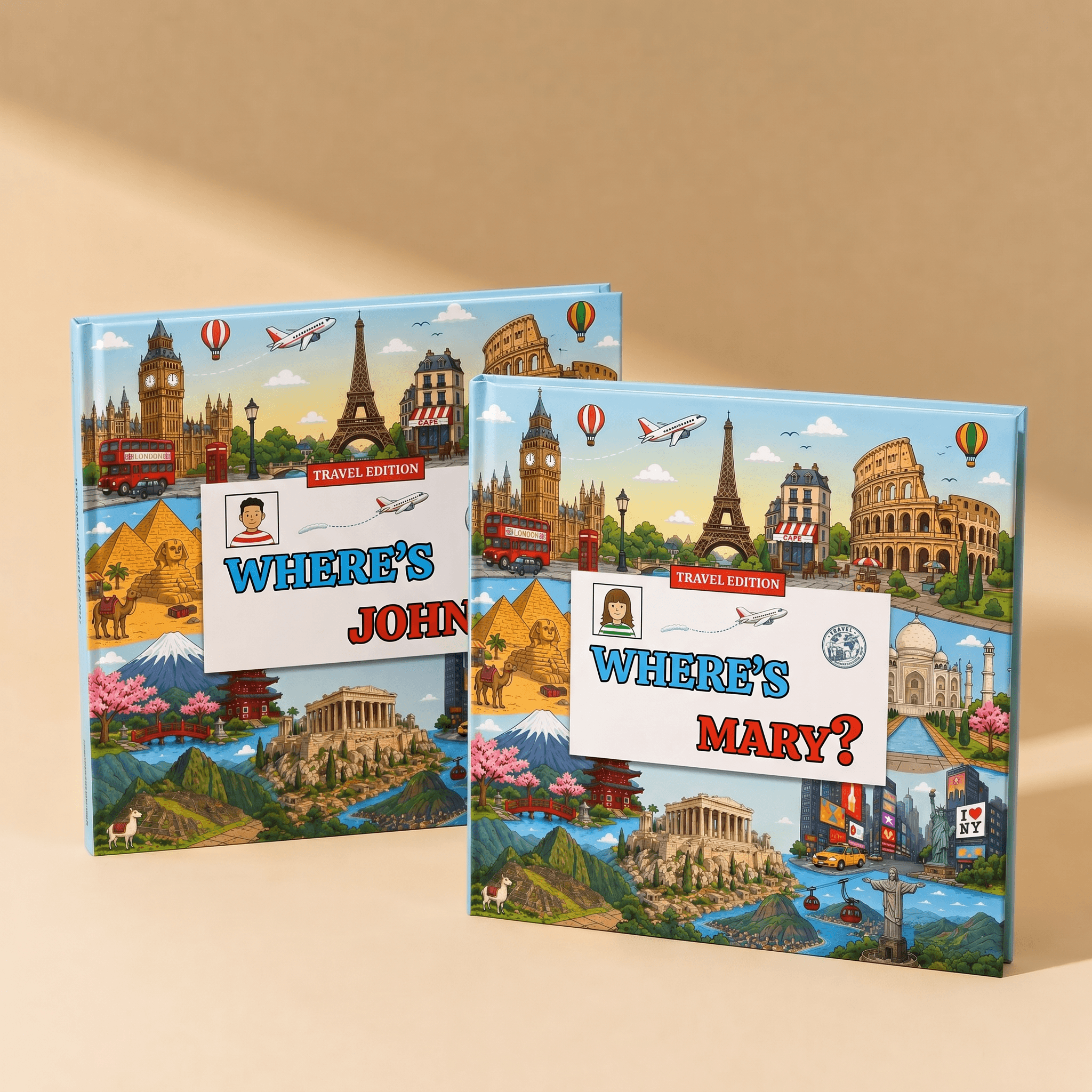 Personalized travel search-and-find book lying on a table