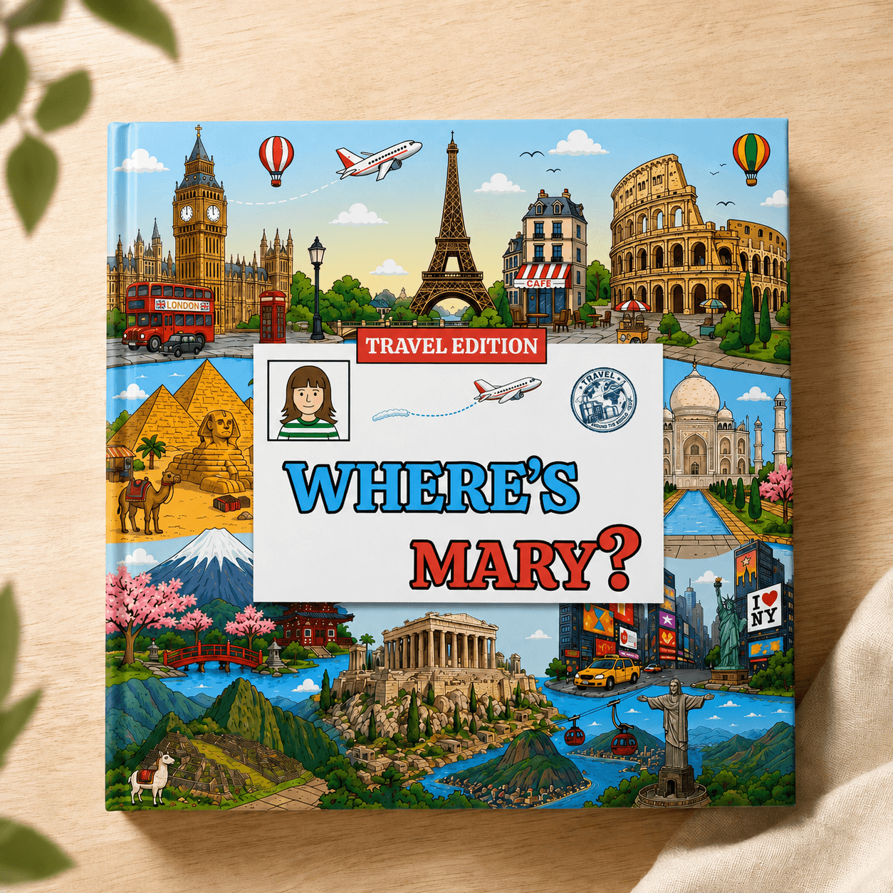 Personalized travel search-and-find book cover with a cartoon child