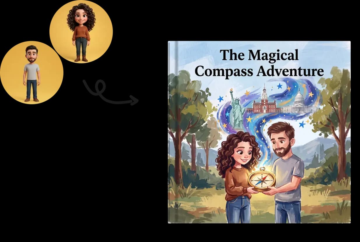 Custom characters transformed by Story Spark into a complete storybook with text and illustrations.