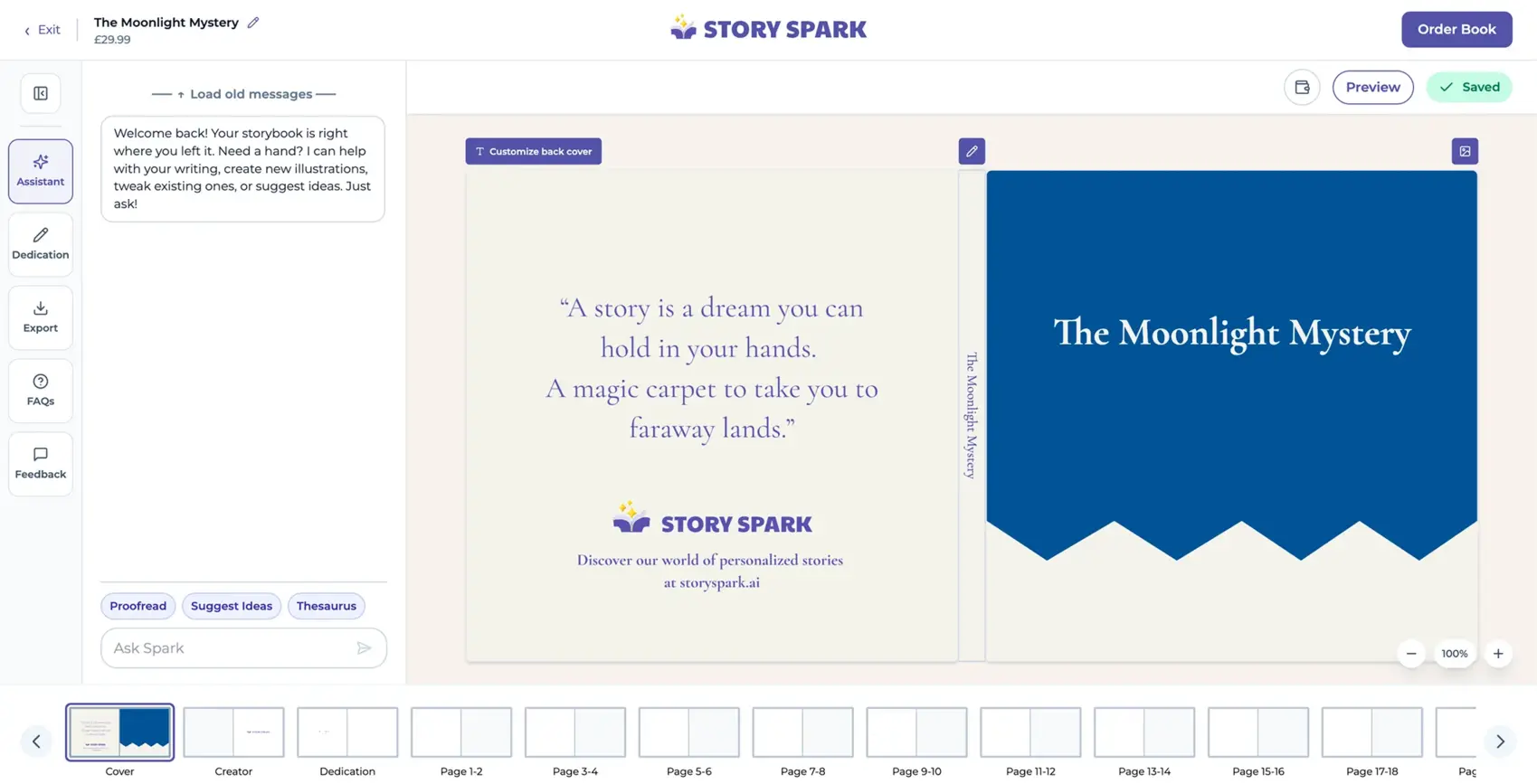 Story Spark storybook editor showing the front and back cover of The Moonlight Mystery, with writing tools and page thumbnails.