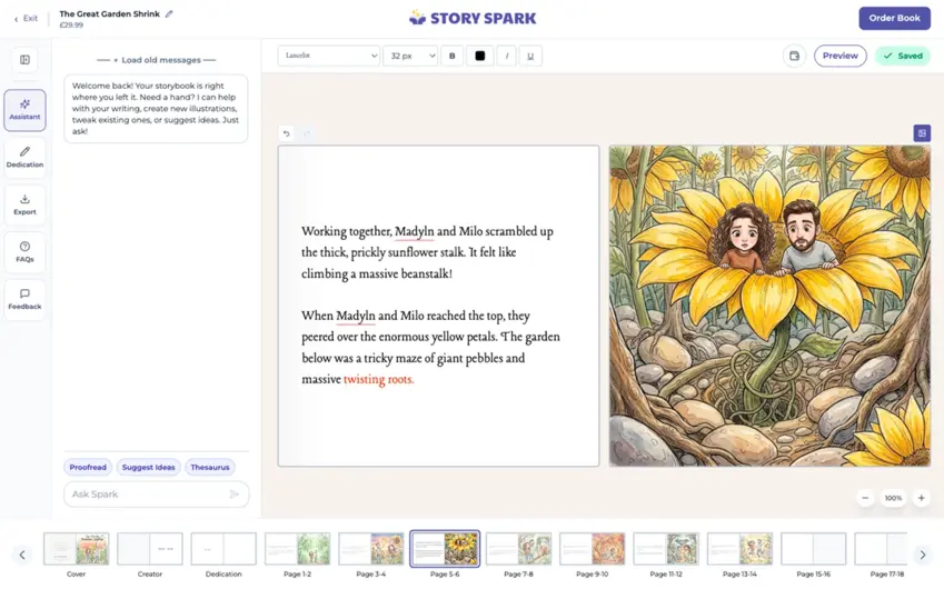Storybook editor showing controls for editing page text, cover artwork, images, and page order.
