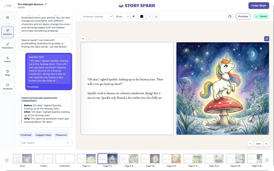 Spark Writing Assistant panel in the storybook editor offering writing help for individual pages.