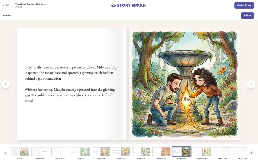 Storybook print preview showing an illustrated page spread and page thumbnails.