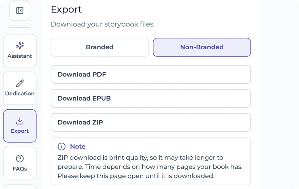 Storybook editor export screen with options to download the finished book in multiple formats.