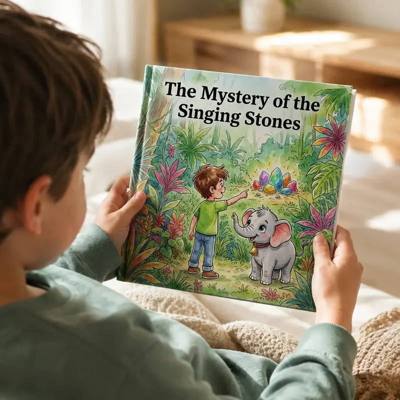 Un niño sostiene The Mystery of the Singing Stones, con una ilustración de aventura en la selva.