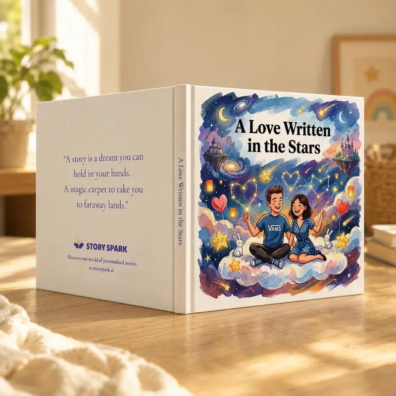 Libro de cuentos personalizado A Love Written in the Stars, con una pareja ilustrada bajo un cielo estrellado.