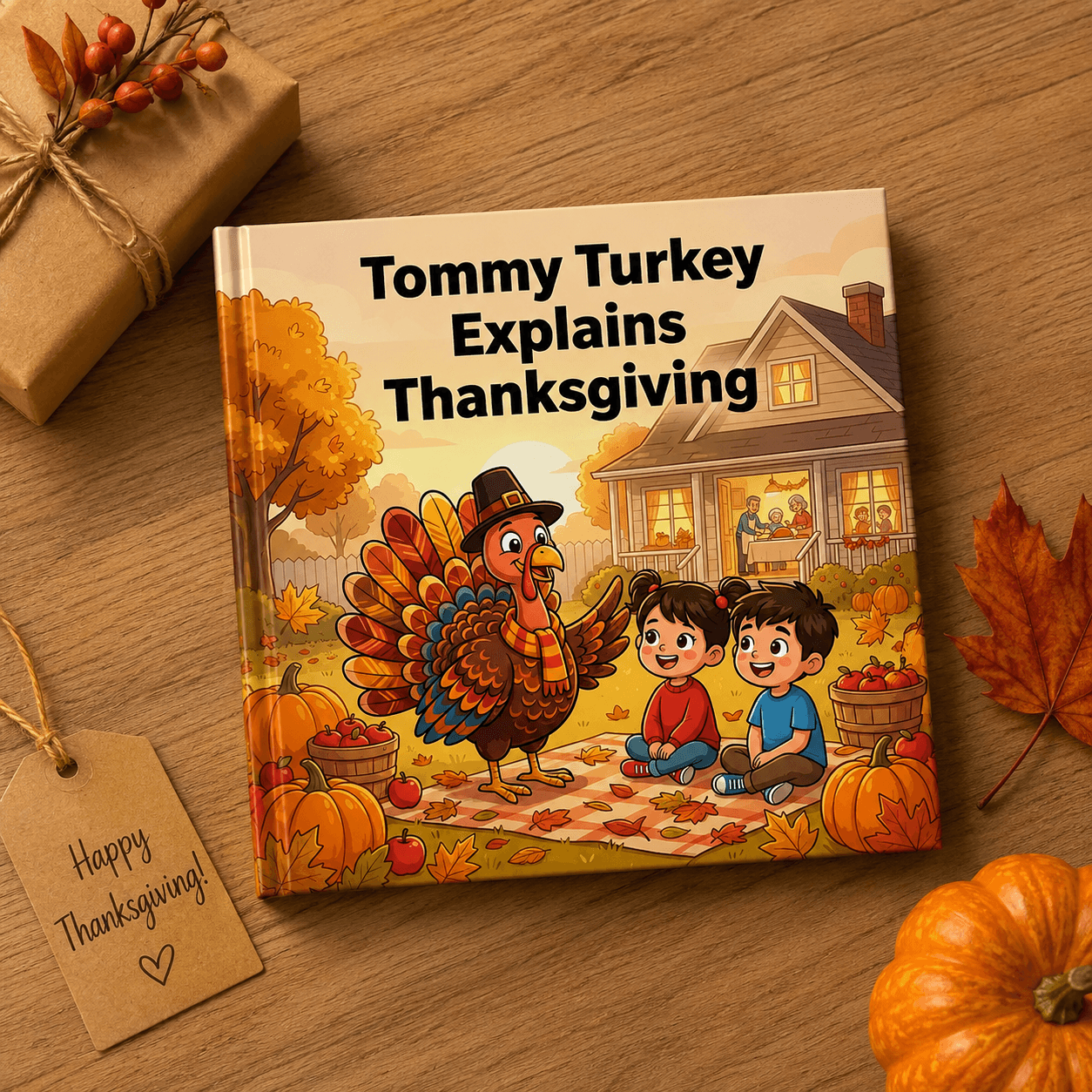 Child holding a personalized Thanksgiving storybook