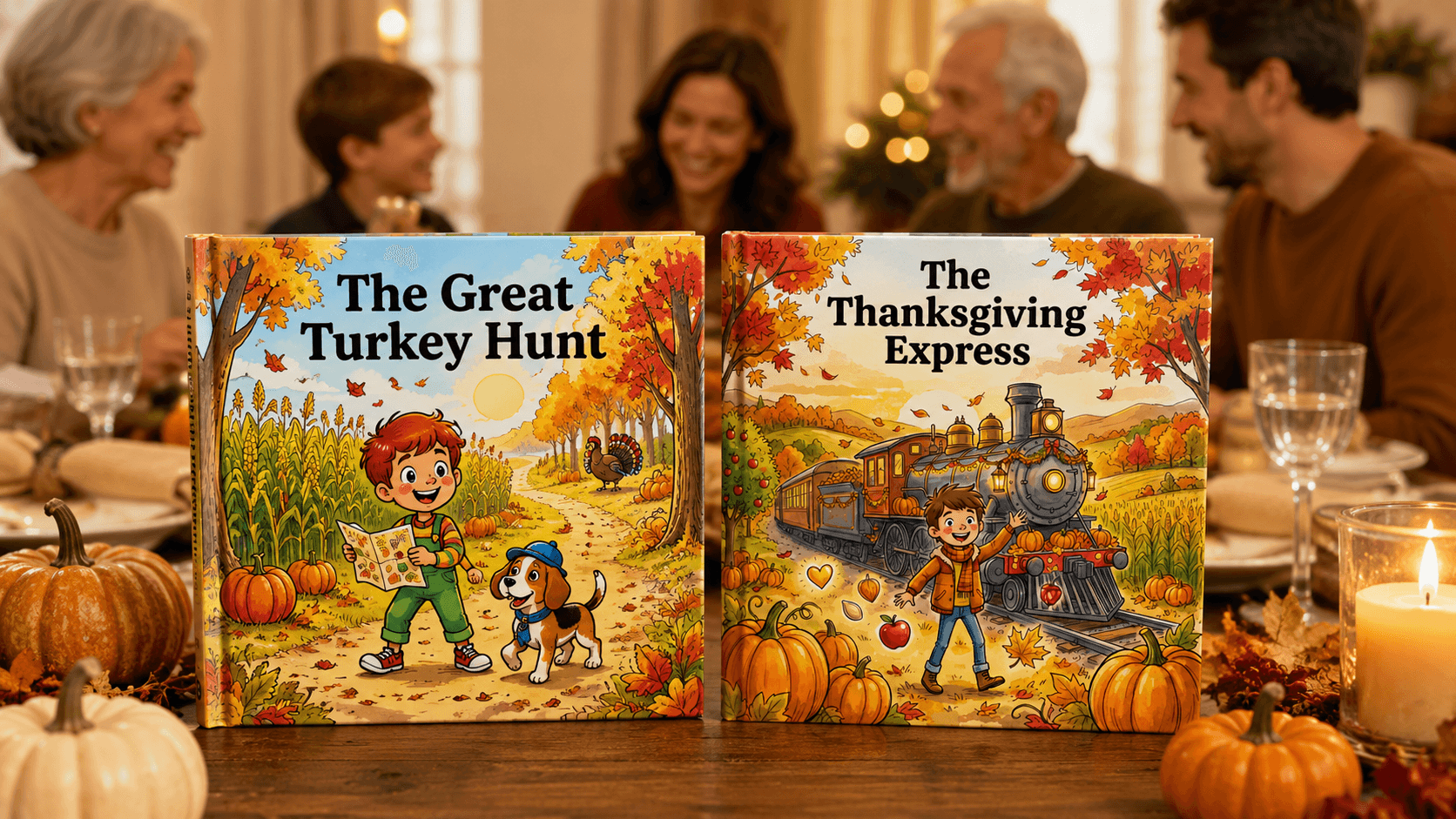 Parent and child reading a personalized Thanksgiving storybook
