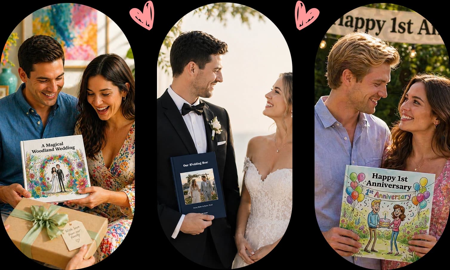 Couples holding personalized wedding and anniversary books
