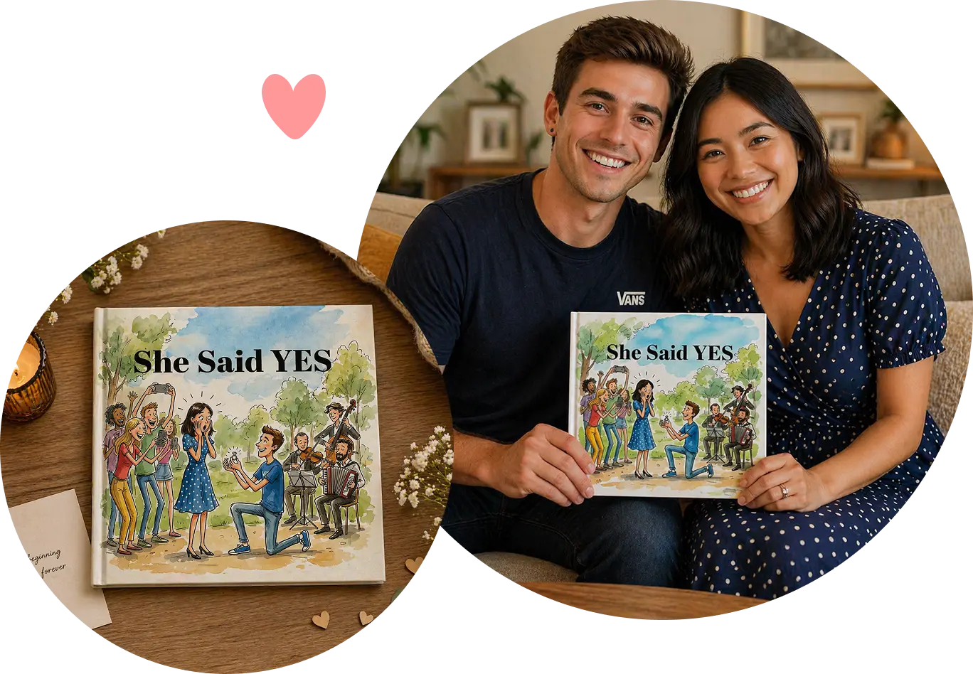 Happy couple holding their personalised She Said Yes wedding storybook