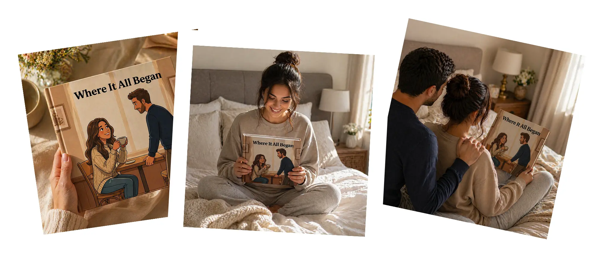 Three printed photo-style memories from a personalised proposal storybook