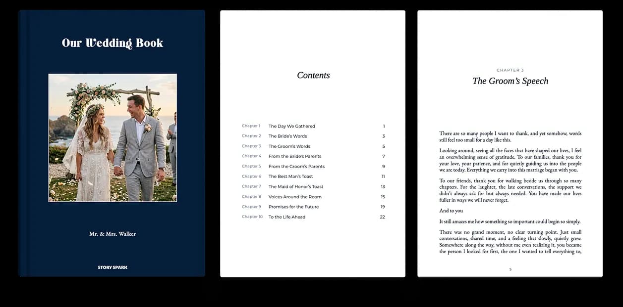 Wedding book cover, contents page, and story page preview