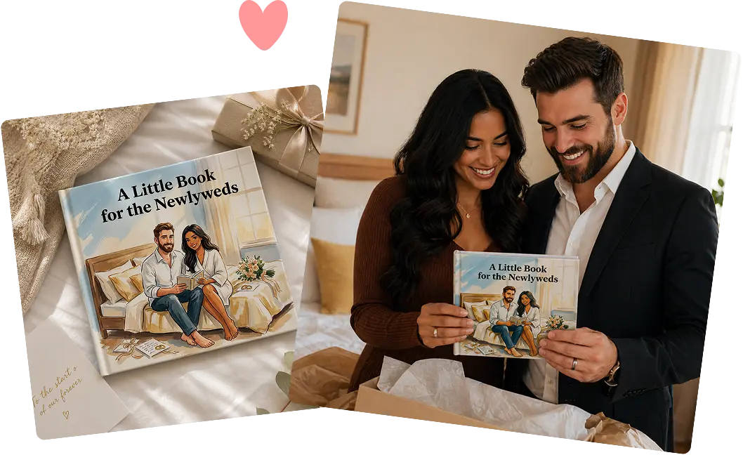 Newlyweds opening a personalised wedding storybook gift