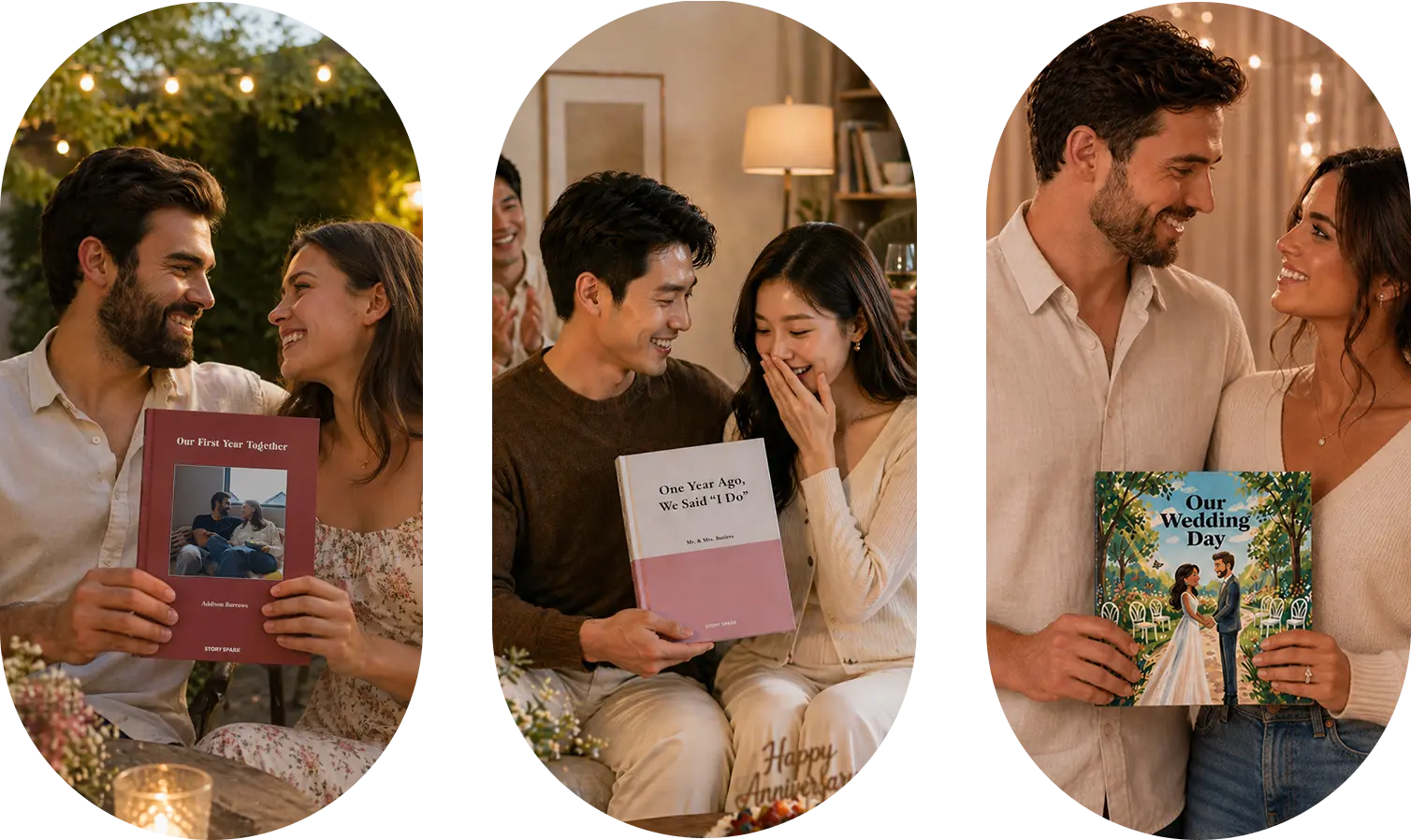 Three couples holding personalised wedding and anniversary books