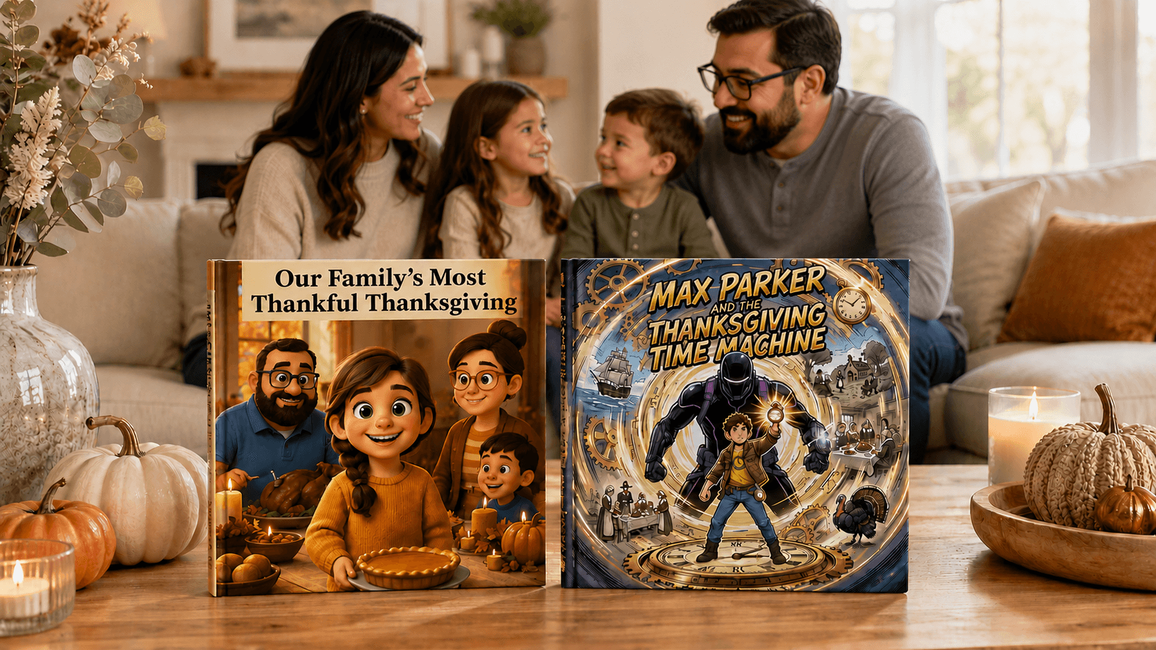 Personalized Thanksgiving books with a family at Thanksgiving