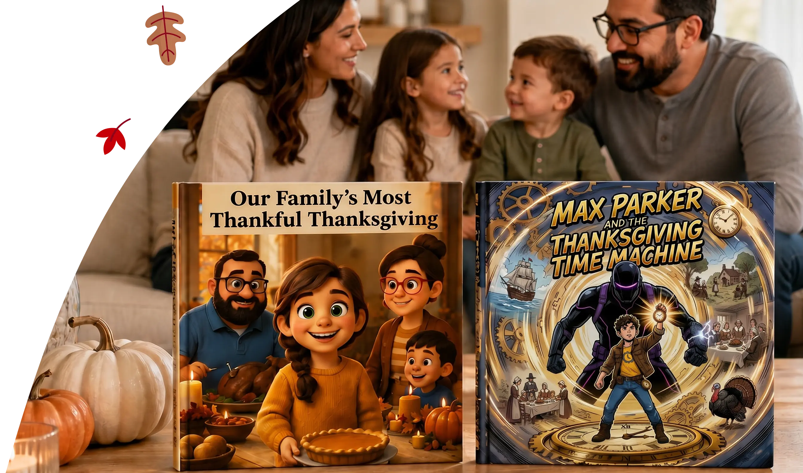 Personalized Thanksgiving books with a family at Thanksgiving