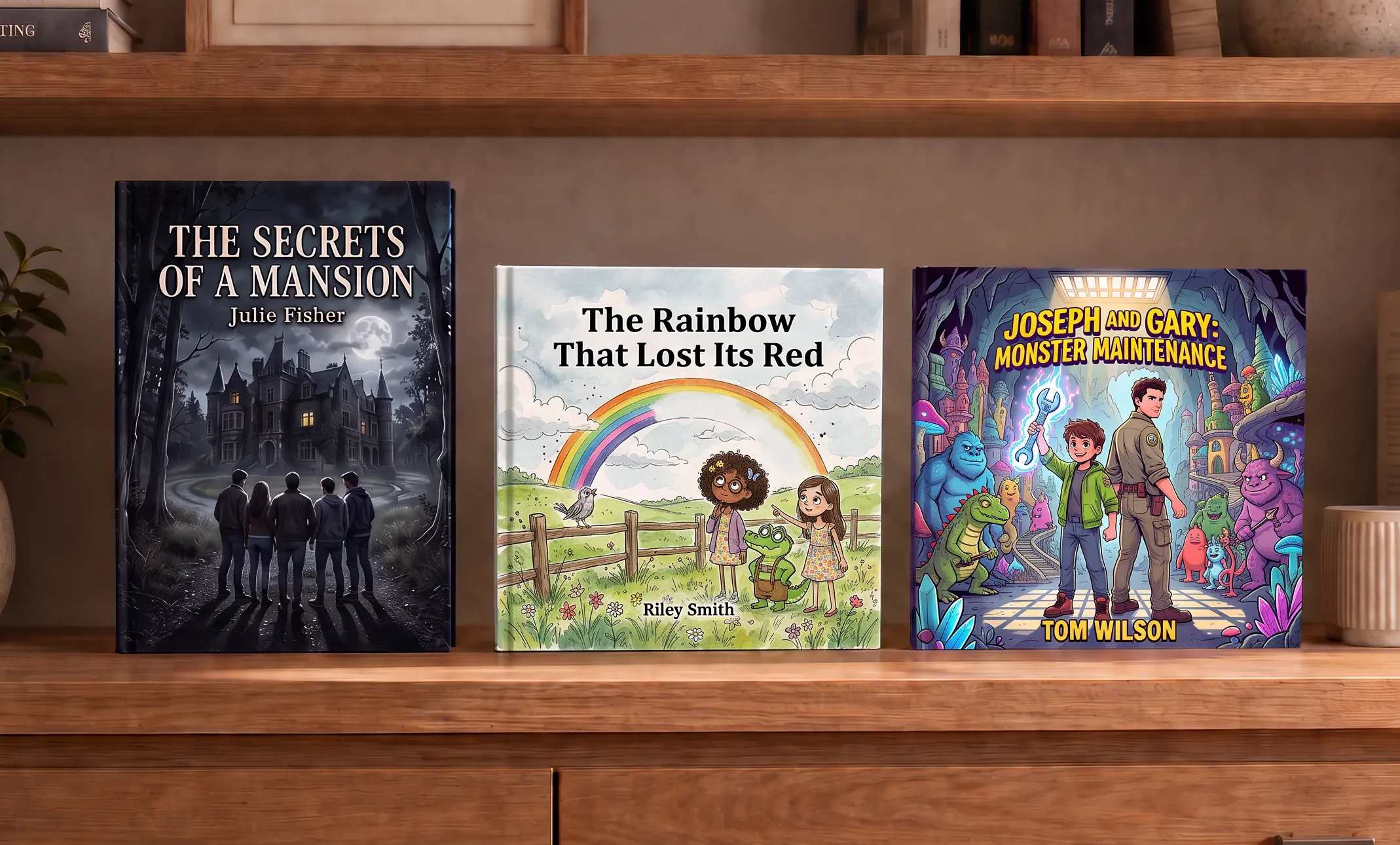 Three self-published books displayed on a wooden bookshelf