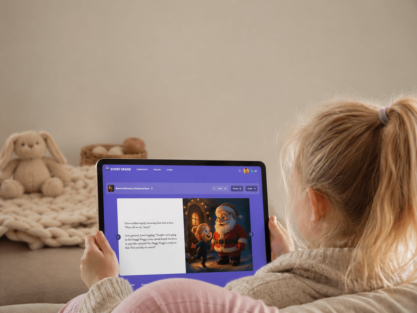 طفل يقرأ قصة عيد ميلاد من Story Spark على جهاز لوحي