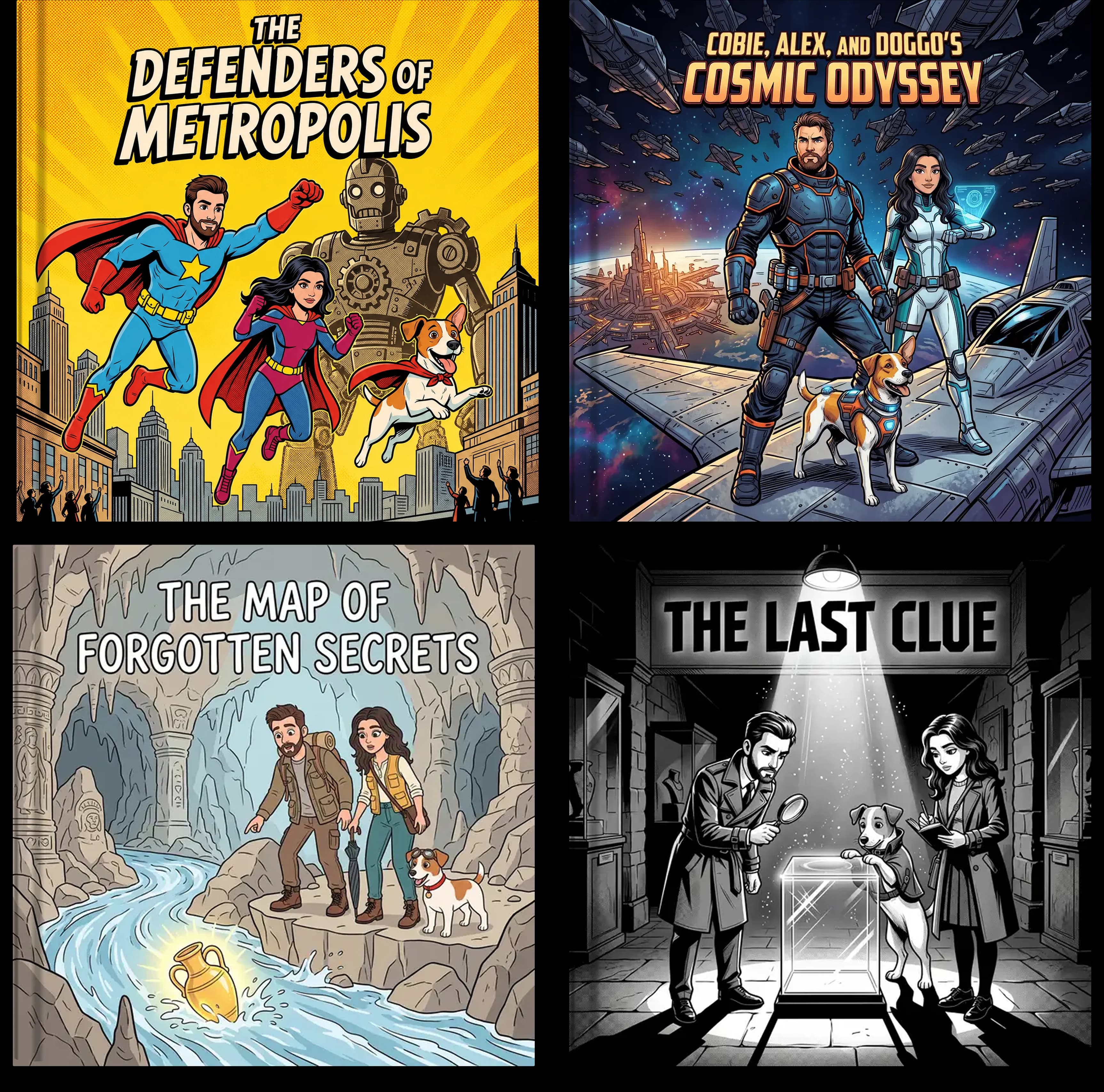 Four personalized comic cover styles: classic superhero, space adventure, clear-line mystery, and black-and-white noir.
