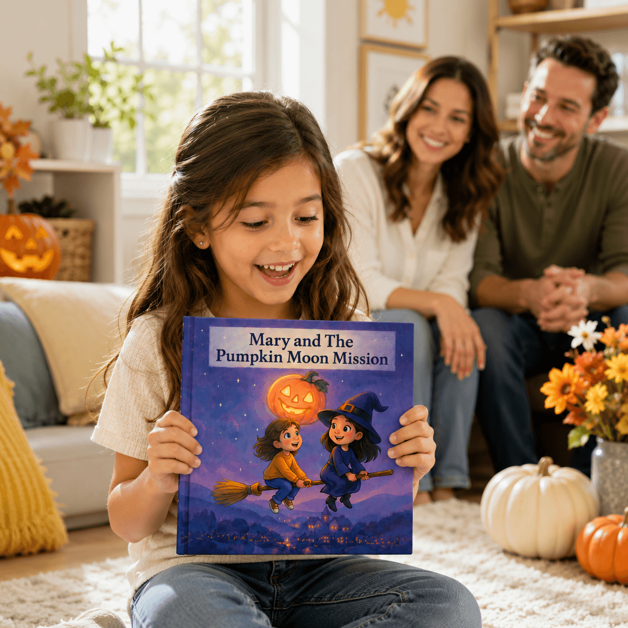 Child holding a personalized Halloween storybook
