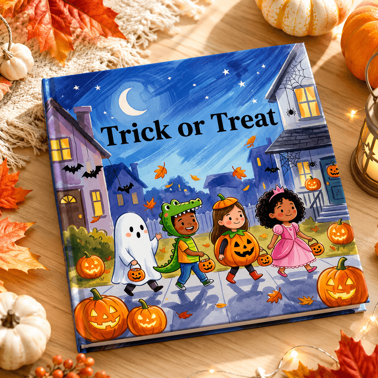 Personalized trick or treat storybook on a Halloween table