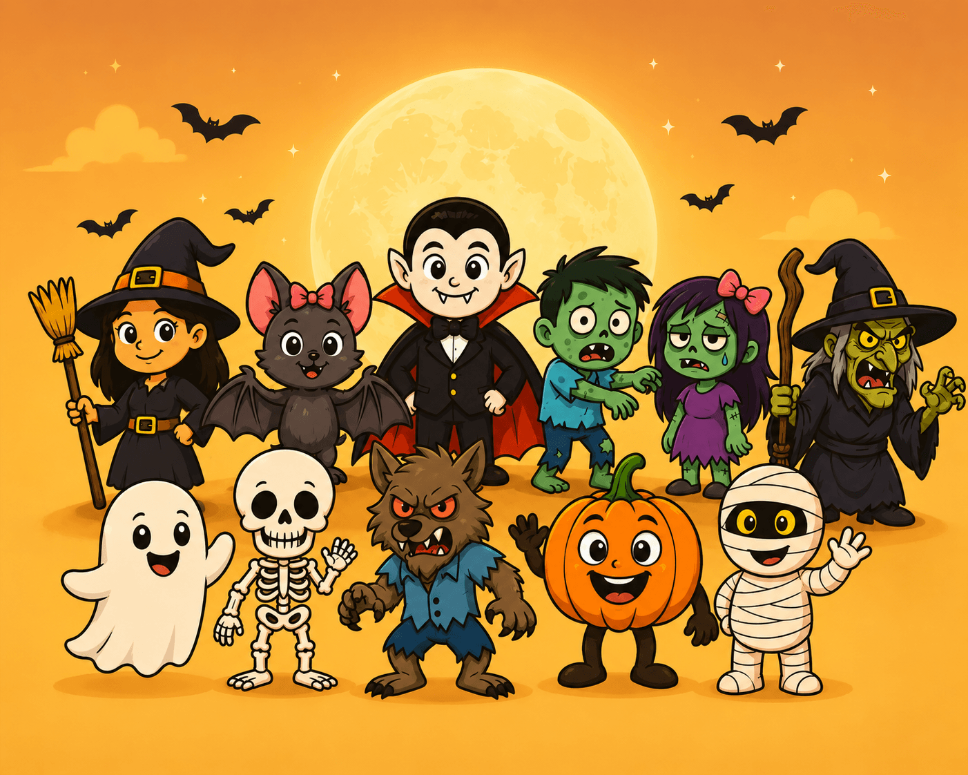 Halloween characters including witch, ghost, vampire, mummy, pumpkin, and monsters